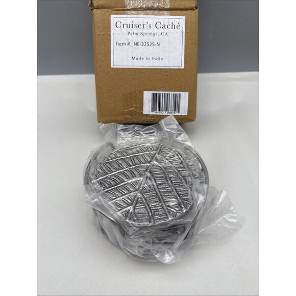 Cruiser’s Caché Drink Coasters with Holder, Embossed Leaf Pattern Set of 4 Metal - Picture 2 of 8